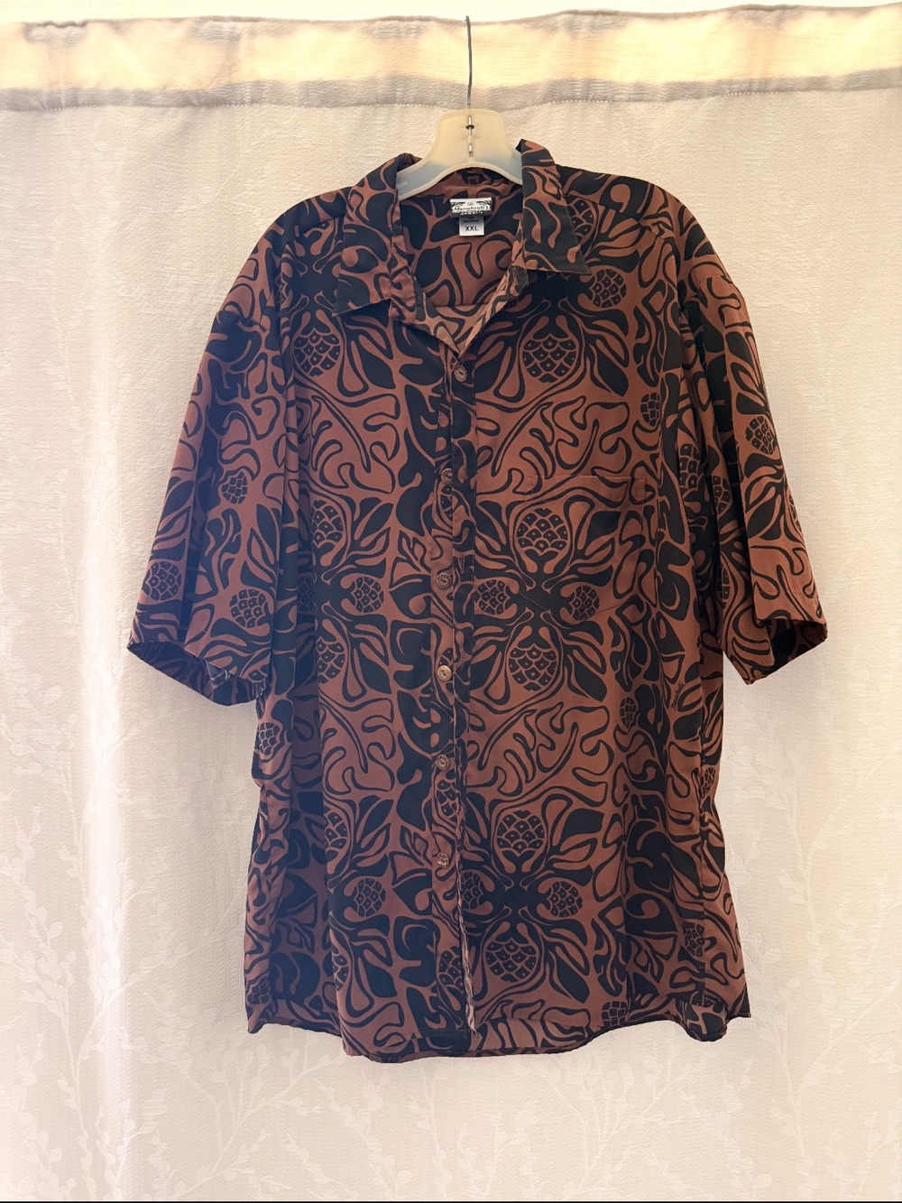 Manuhealii Brown and Black Floral-Print Men’s Dress Shirt